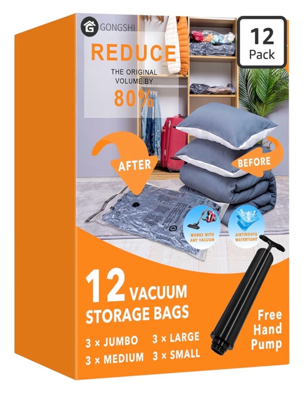 Gray 12-Pack Vacuum Storage Bags with Hand Pump